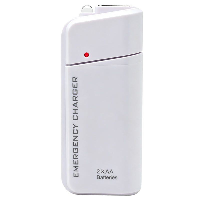 Bärbar nödladdare för mobiltelefoner – powerbank som drivs med AA-batterier och har en LED-ficklampa