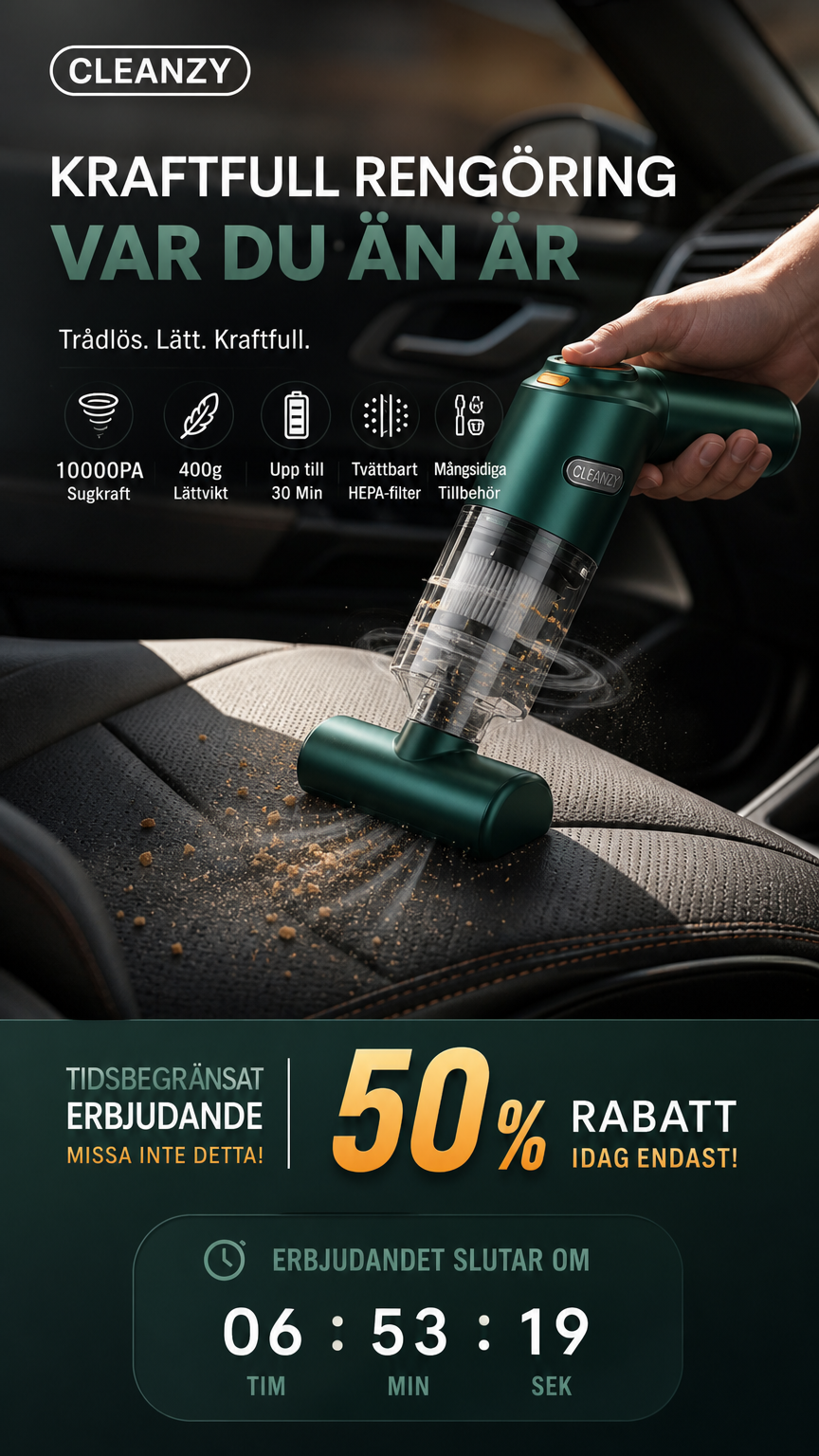 đ 50 % RABATT NU! đ Kraftfull sladdlös bildammsugare â kompakt och lĂ€tt med 10 000 Pa sugkraft đ§č