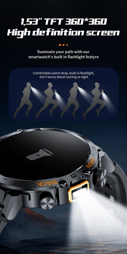 ⌚ 50 % RABATT NU! 🔦 Robust smartklocka för friluftsliv – med LED-ficklampa, HD-samtal och smarta funktioner – perfekt för äventyr och träning 🏔️