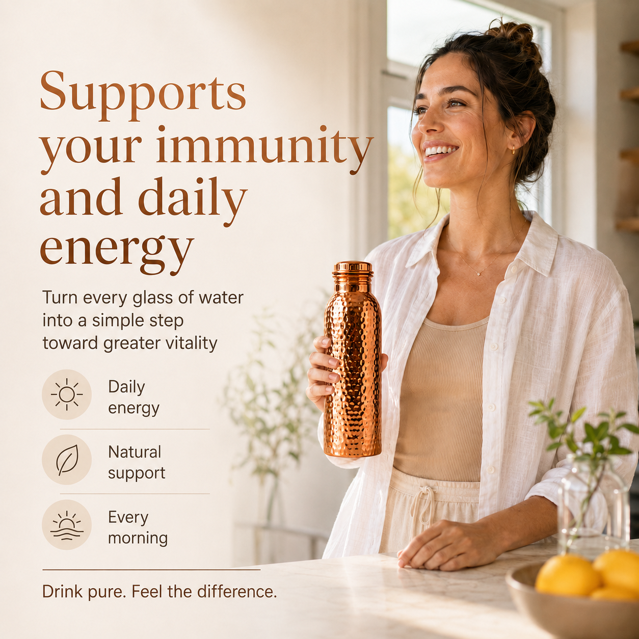 💧Premium vattenflaska tillverkad av 100% massiv koppar – plastfri och inspirerad av Ayurveda