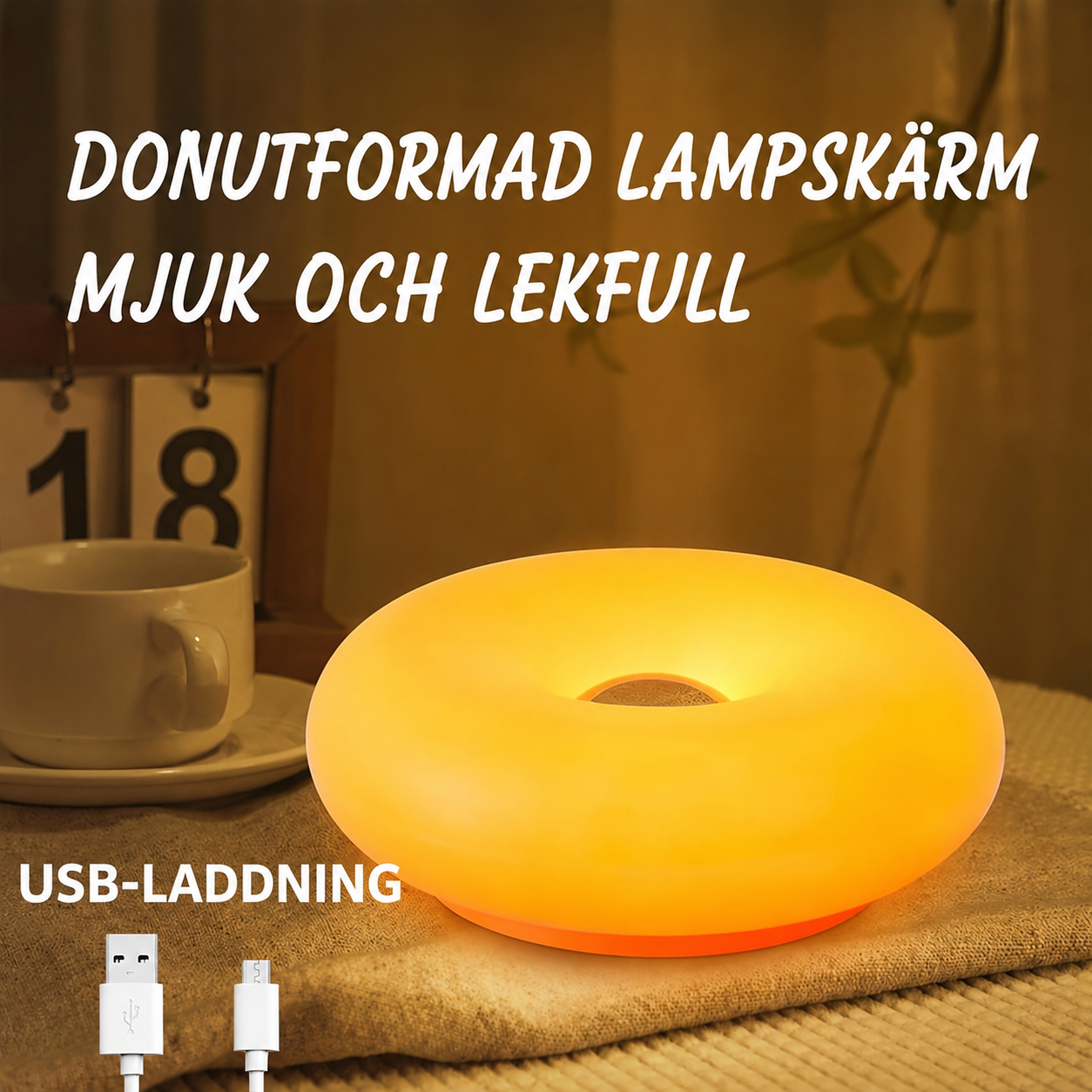🍩 ✨Donutformad LED-bordslampa med touch – steglös dimning, 3 ljuslägen & USB-laddning