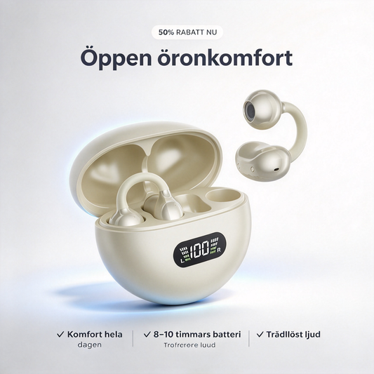 🎧 50 % rabatt! Bluetooth-hörlurar med öppen clip-on-design – bekväma hela dagen, klart ljud och upp till 10 timmars batteritid ✨