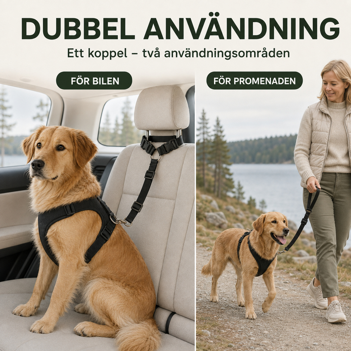 🛒 50 % RABATT NU! 🐶 2‑i‑1 bilbälte och promenadkoppel för hund – fästs enkelt i hundens sele 🚗🌿