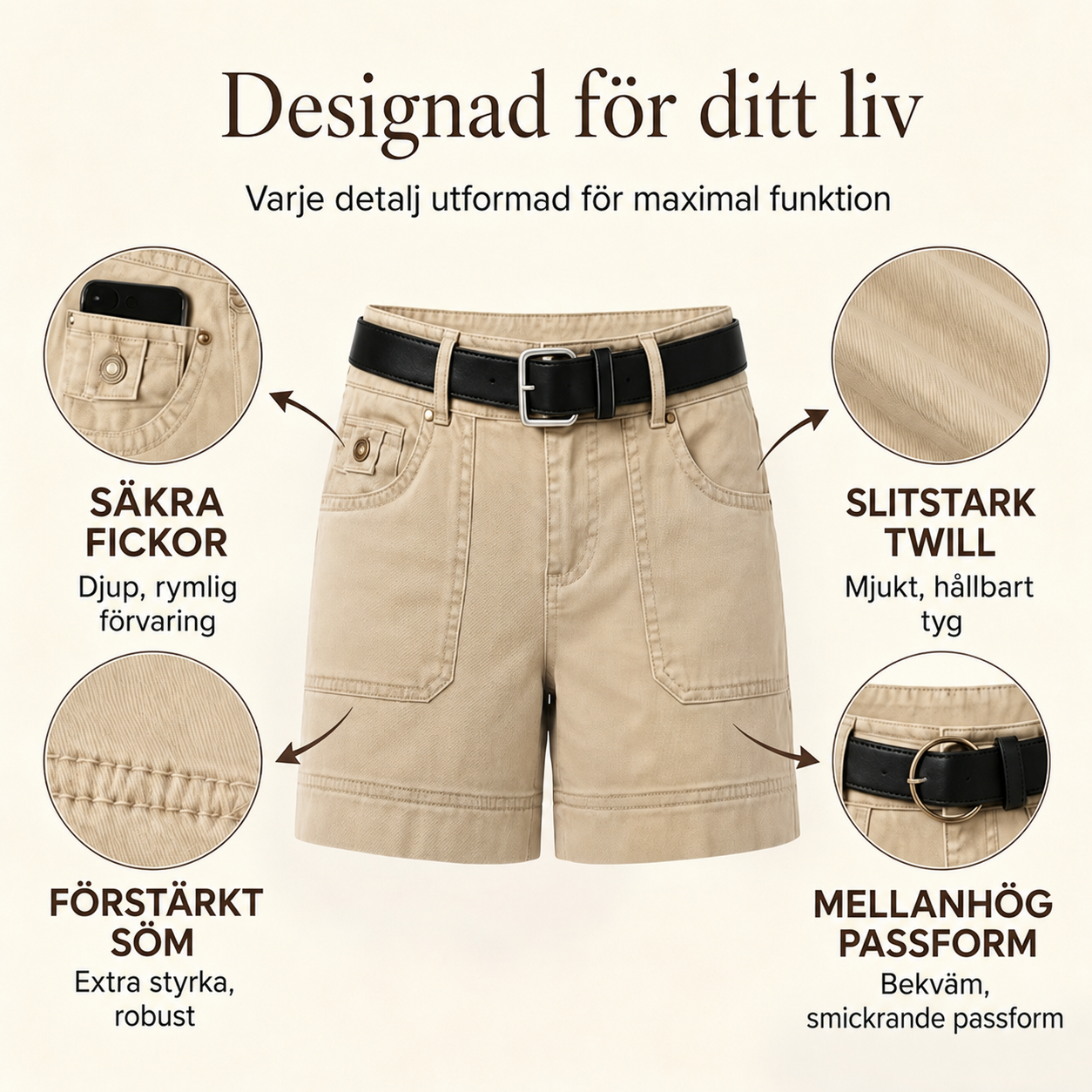 Bekväma sommarshorts med stretch och fickor