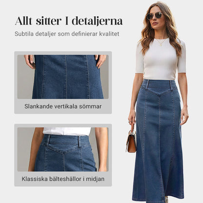 🌟 A-linjeformad maxikjol i denim – ger en längre och smalare silhuett 💃