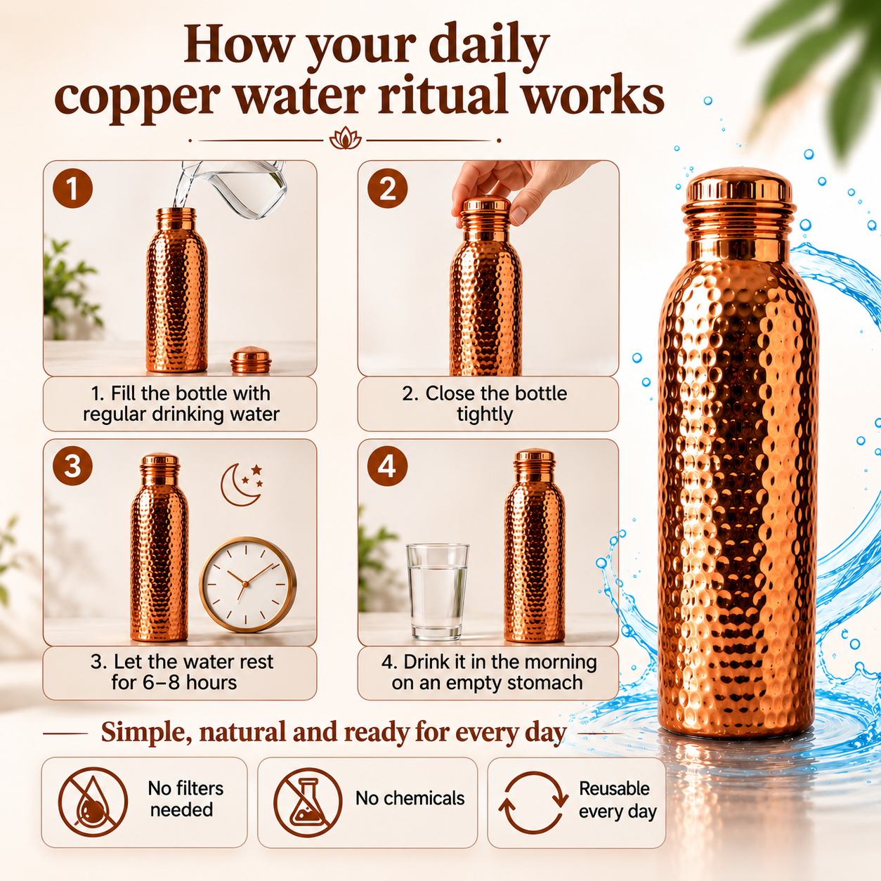 💧Premium vattenflaska tillverkad av 100% massiv koppar – plastfri och inspirerad av Ayurveda