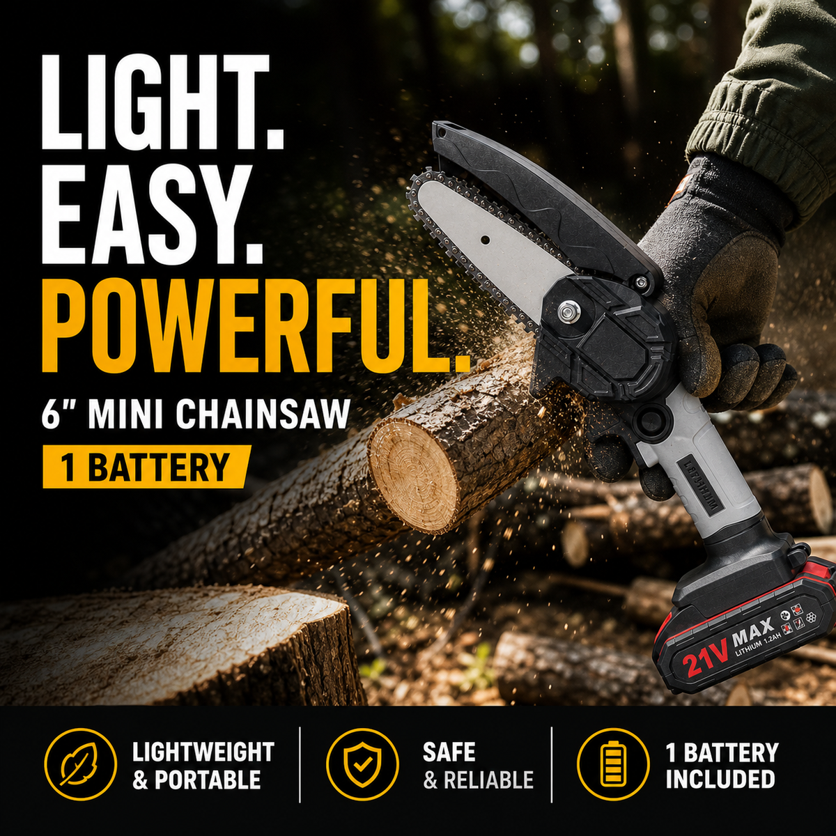 🔧 50 % RABATT NU! 6-tums sladdlös minikedjesåg med 2 batterier – kraftfull, lätt och ergonomisk – perfekt för beskärning, grenar och mindre träarbeten 🌲⚡
