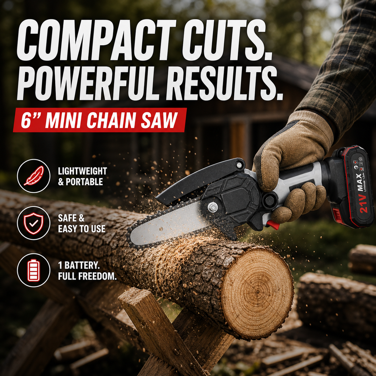 🔧 50 % RABATT NU! 6-tums sladdlös minikedjesåg med 2 batterier – kraftfull, lätt och ergonomisk – perfekt för beskärning, grenar och mindre träarbeten 🌲⚡