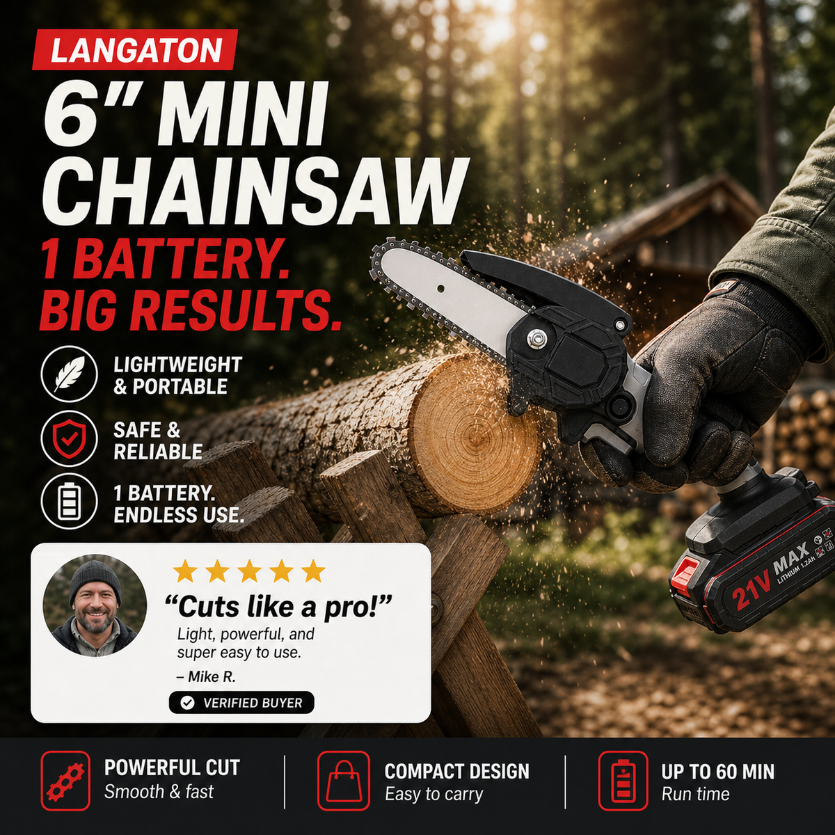 🔧 50 % RABATT NU! 6-tums sladdlös minikedjesåg med 2 batterier – kraftfull, lätt och ergonomisk – perfekt för beskärning, grenar och mindre träarbeten 🌲⚡