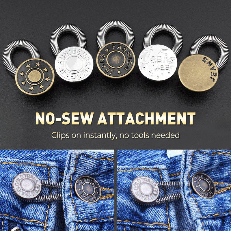 Fjädrande knappförlängare för jeans – ger extra utrymme i midjan utan sömnad