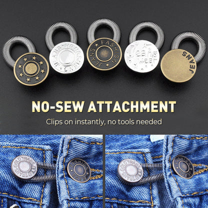 Fjädrande knappförlängare för jeans – ger extra utrymme i midjan utan sömnad