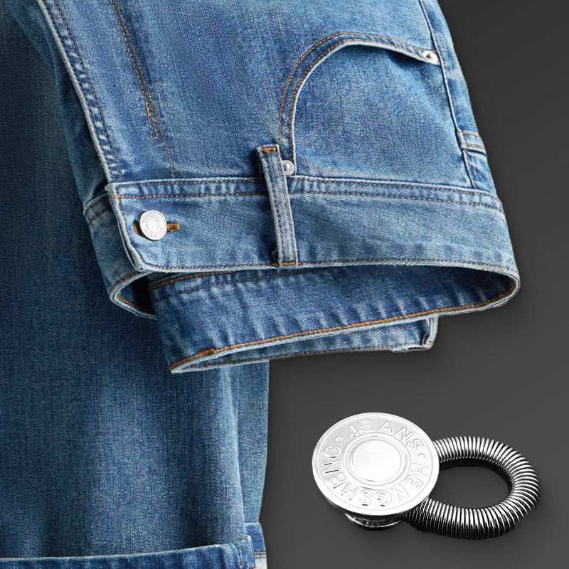 Fjädrande knappförlängare för jeans – ger extra utrymme i midjan utan sömnad