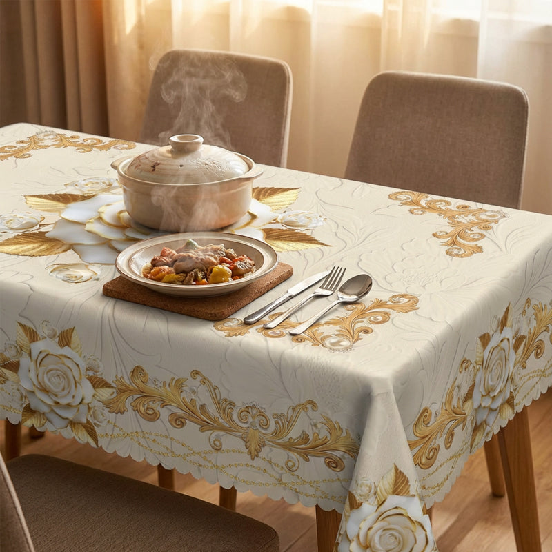 ✨ 50 % RABATT 💖 Lyxig guldfärgad bordsduk – skyddar bordet, är lätt att torka av och ger hemmet en elegant känsla 🏡