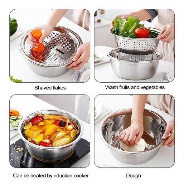 🥣 50% RABATT NU! 🍽️ Multifunktionell Behållare i Rostfritt Stål från Tyskland – 3-delat Set – Perfekt för Siktning, Rivning & Förvaring – Livsmedelsklassat 201 Rostfritt Stål 🍲