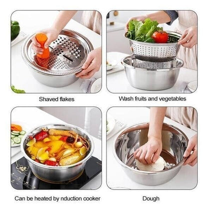🥣 50% RABATT NU! 🍽️ Multifunktionell Behållare i Rostfritt Stål från Tyskland – 3-delat Set – Perfekt för Siktning, Rivning & Förvaring – Livsmedelsklassat 201 Rostfritt Stål 🍲