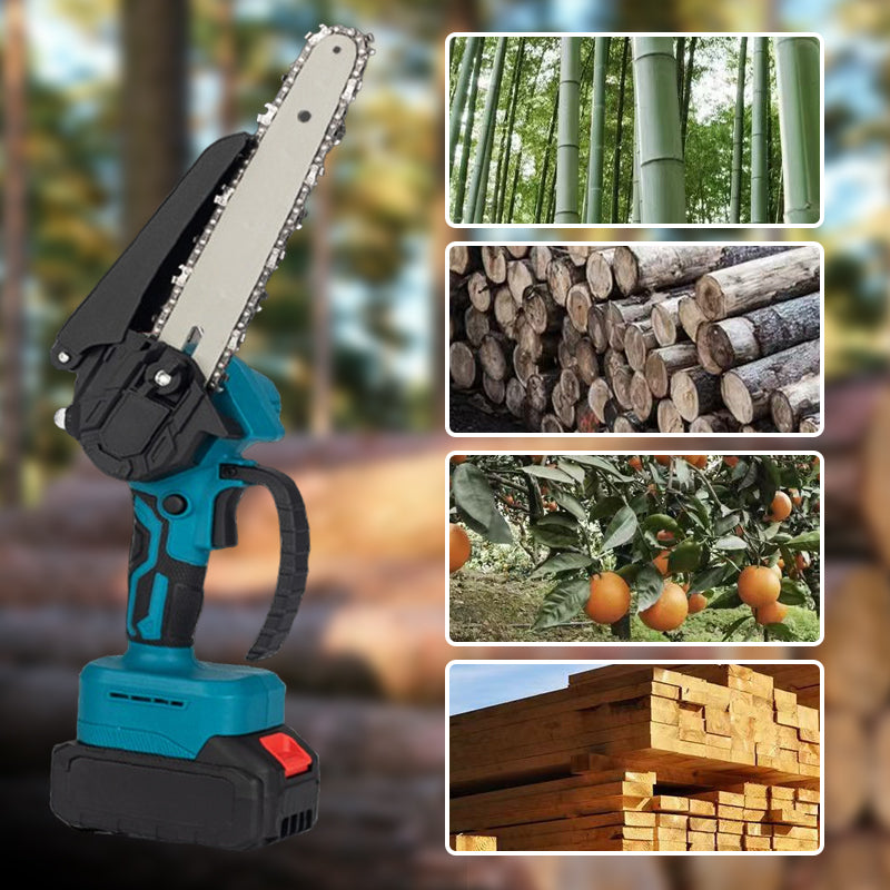 🔧 50 % RABATT NU! 6-tums sladdlös minikedjesåg med 2 batterier – kraftfull, lätt och ergonomisk – perfekt för beskärning, grenar och mindre träarbeten 🌲⚡