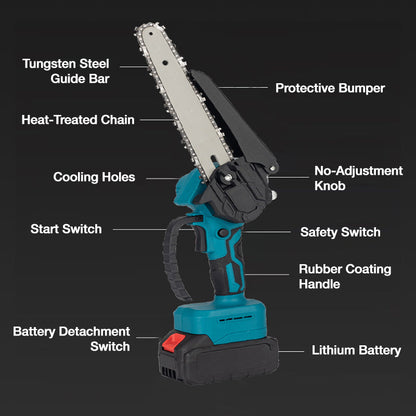 🔧 50 % RABATT NU! 6-tums sladdlös minikedjesåg med 2 batterier – kraftfull, lätt och ergonomisk – perfekt för beskärning, grenar och mindre träarbeten 🌲⚡