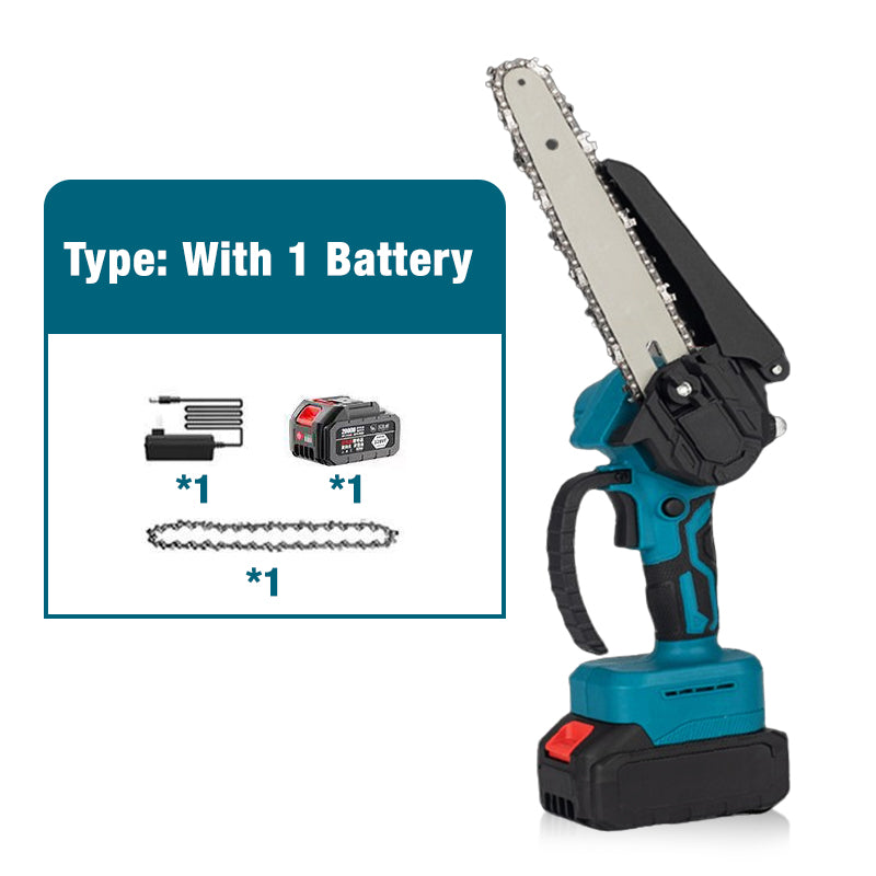 🔧 50 % RABATT NU! 6-tums sladdlös minikedjesåg med 2 batterier – kraftfull, lätt och ergonomisk – perfekt för beskärning, grenar och mindre träarbeten 🌲⚡