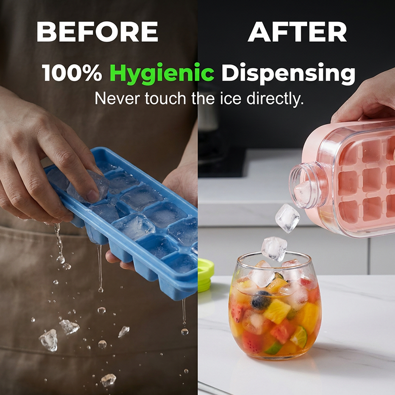🧊🍶🧊 Upptäck ett nytt sätt att njuta av sommardrycker – tryck bara, så faller isbitarna ut automatiskt! ❄ 2‑in‑1 Ice Maker Bottle – chilled water, no messy trays