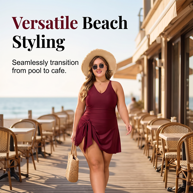Elegant badklänning i plusstorlek i enfärgad – Premium texturerad helkropp för strand och pool