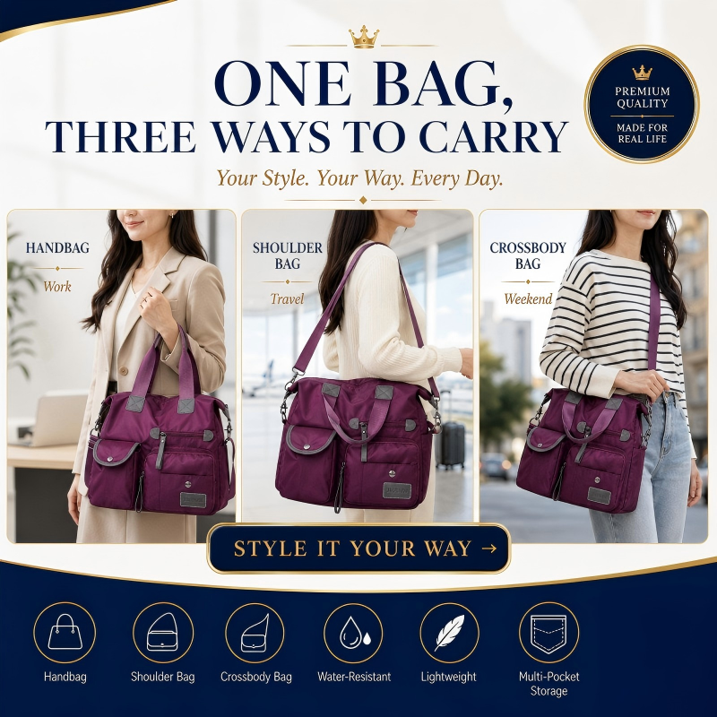 👜Stor vattentät tygväska för kvinnor – rymlig, tre bärsätt & smart fickorganisation – perfekt för jobb, resor & vardag 🧳✨