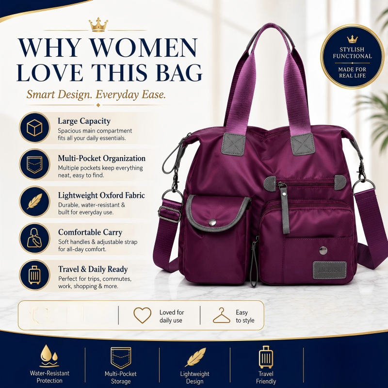 👜Stor vattentät tygväska för kvinnor – rymlig, tre bärsätt & smart fickorganisation – perfekt för jobb, resor & vardag 🧳✨