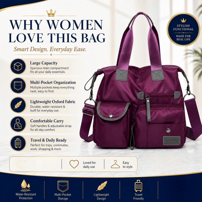 👜Stor vattentät tygväska för kvinnor – rymlig, tre bärsätt & smart fickorganisation – perfekt för jobb, resor & vardag 🧳✨