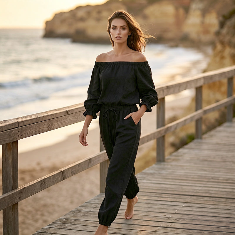 Elegant off shoulder-jumpsuit för dam – luftig och bekväm med justerbar midja