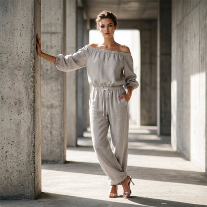 Elegant off shoulder-jumpsuit för dam – luftig och bekväm med justerbar midja