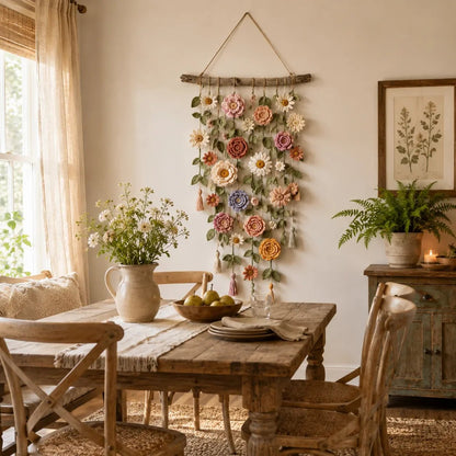 🧶 Väggdekoration med Virkat Blommönster – Handgjord Boho-charm – Perfekt för Sovrum, Vardagsrum & Barnrum – Lätt att Hänga Upp 🏡