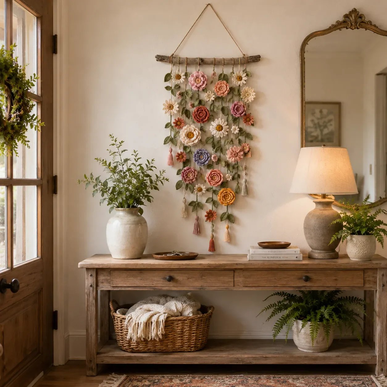 🧶 Väggdekoration med Virkat Blommönster – Handgjord Boho-charm – Perfekt för Sovrum, Vardagsrum & Barnrum – Lätt att Hänga Upp 🏡