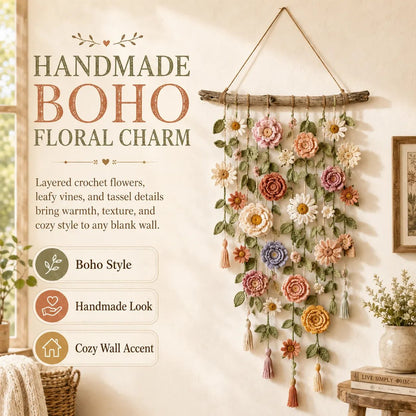 🧶 Väggdekoration med Virkat Blommönster – Handgjord Boho-charm – Perfekt för Sovrum, Vardagsrum & Barnrum – Lätt att Hänga Upp 🏡