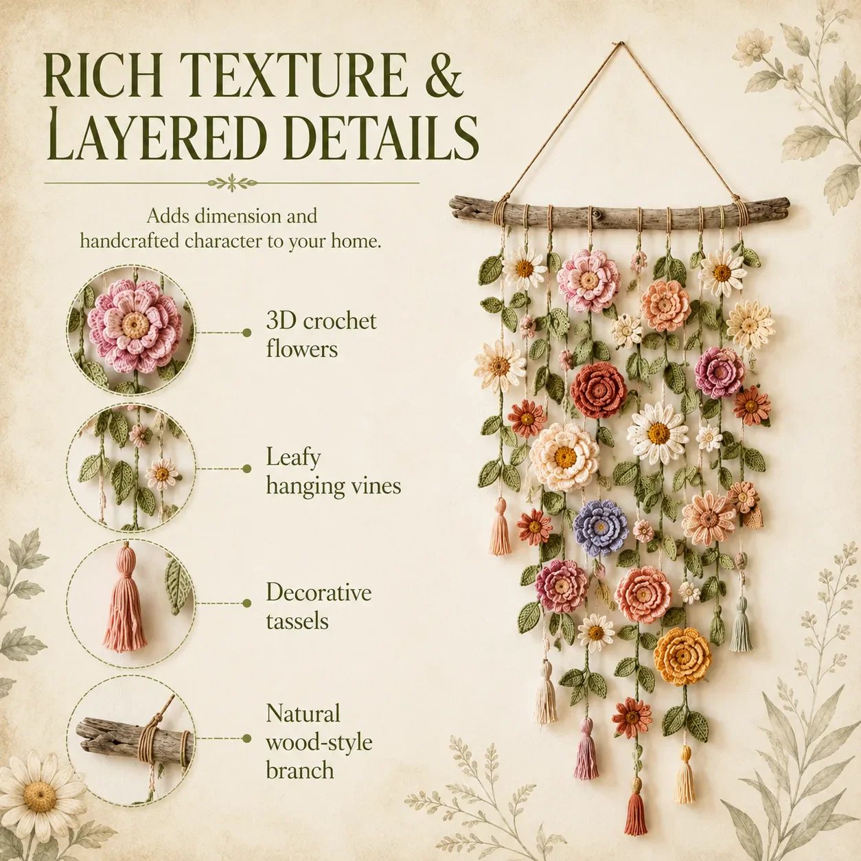 🧶 Väggdekoration med Virkat Blommönster – Handgjord Boho-charm – Perfekt för Sovrum, Vardagsrum & Barnrum – Lätt att Hänga Upp 🏡
