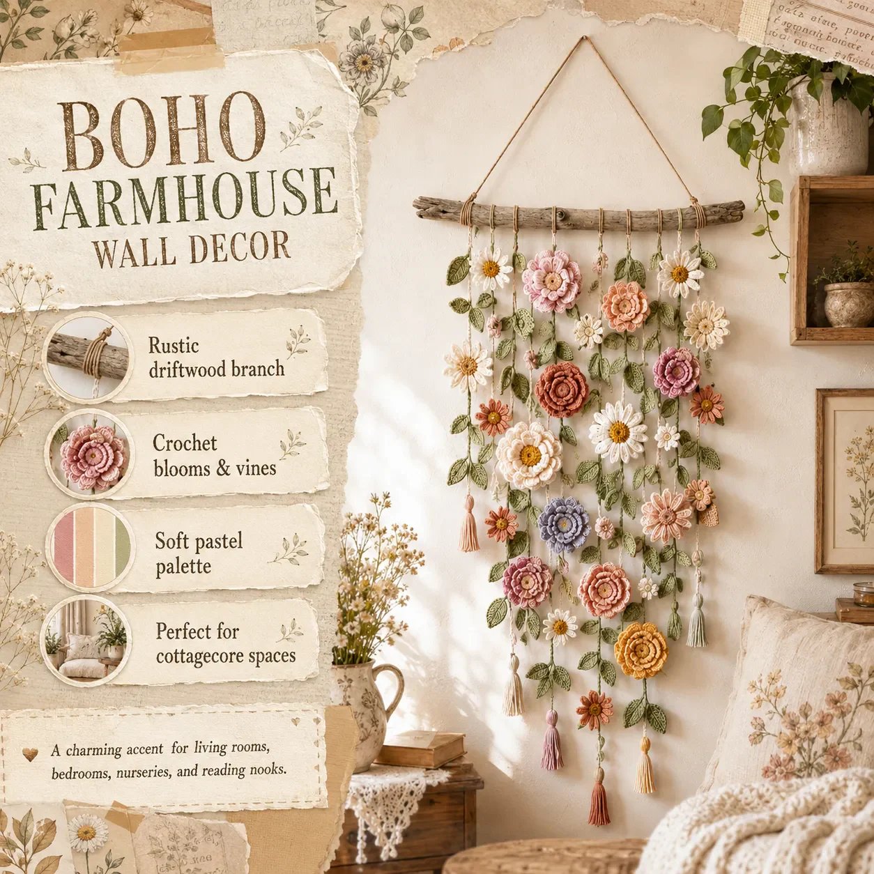 🧶 Väggdekoration med Virkat Blommönster – Handgjord Boho-charm – Perfekt för Sovrum, Vardagsrum & Barnrum – Lätt att Hänga Upp 🏡