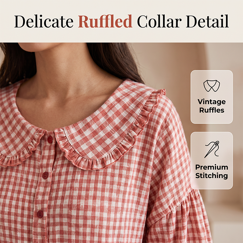 🌸 Rutig blus med volangkrage – feminin, bekväm & perfekt för vardag och fritid