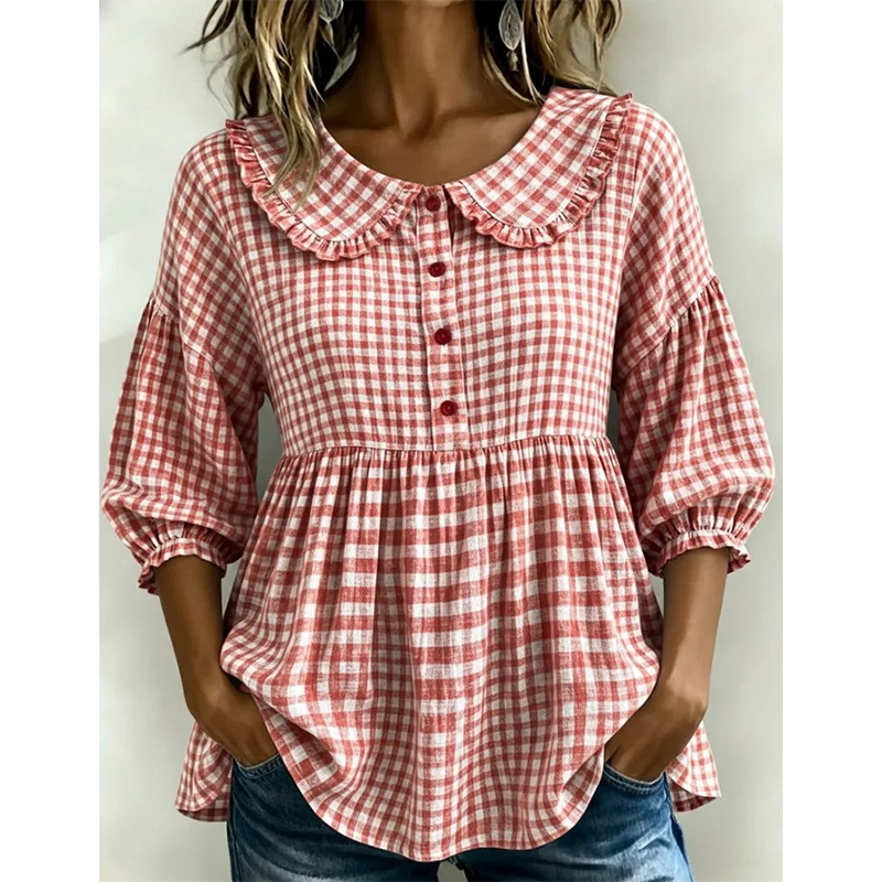 🌸 Rutig blus med volangkrage – feminin, bekväm & perfekt för vardag och fritid
