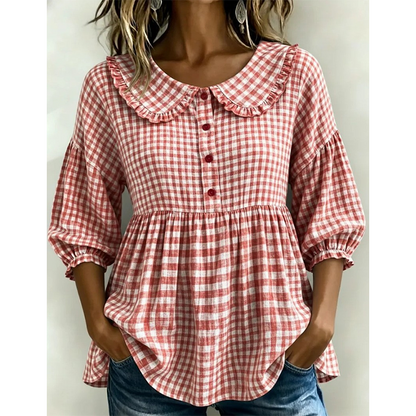 🌸 Rutig blus med volangkrage – feminin, bekväm & perfekt för vardag och fritid