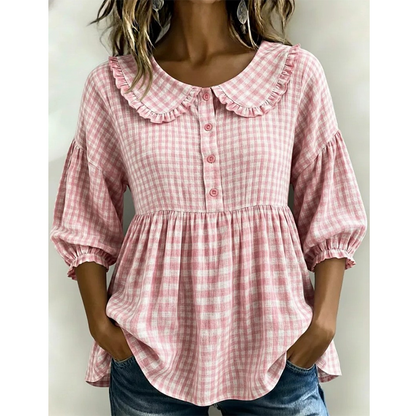 🌸 Rutig blus med volangkrage – feminin, bekväm & perfekt för vardag och fritid