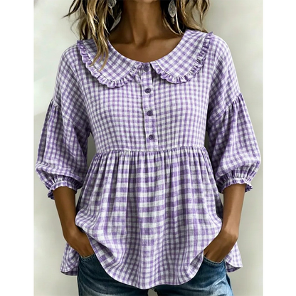 🌸 Rutig blus med volangkrage – feminin, bekväm & perfekt för vardag och fritid