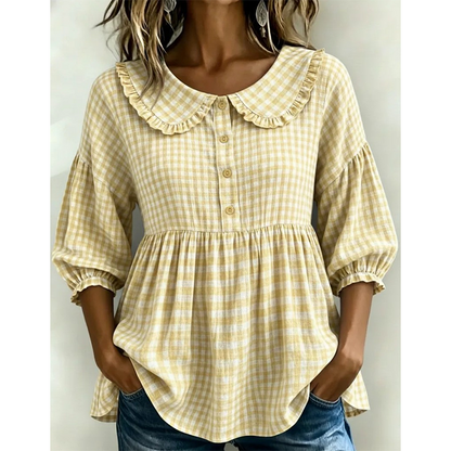 🌸 Rutig blus med volangkrage – feminin, bekväm & perfekt för vardag och fritid