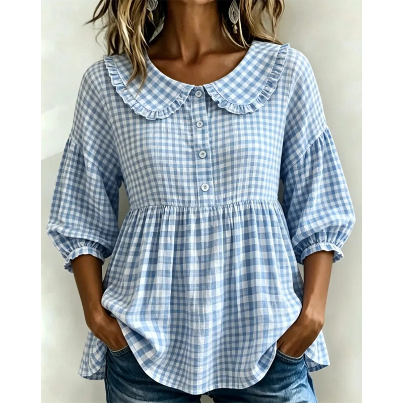 🌸 Rutig blus med volangkrage – feminin, bekväm & perfekt för vardag och fritid