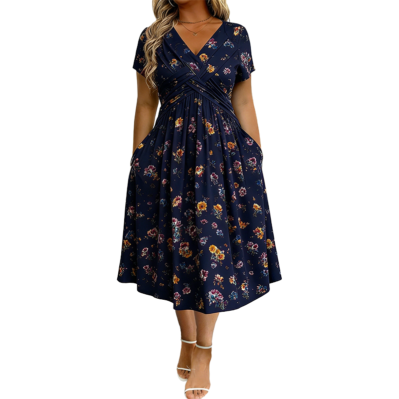 🌸 50 % RABATT NU! ✨ Blommig V-halsklänning med Twist i Midjan – Smickrande Passform & Elegant Komfort 👗
