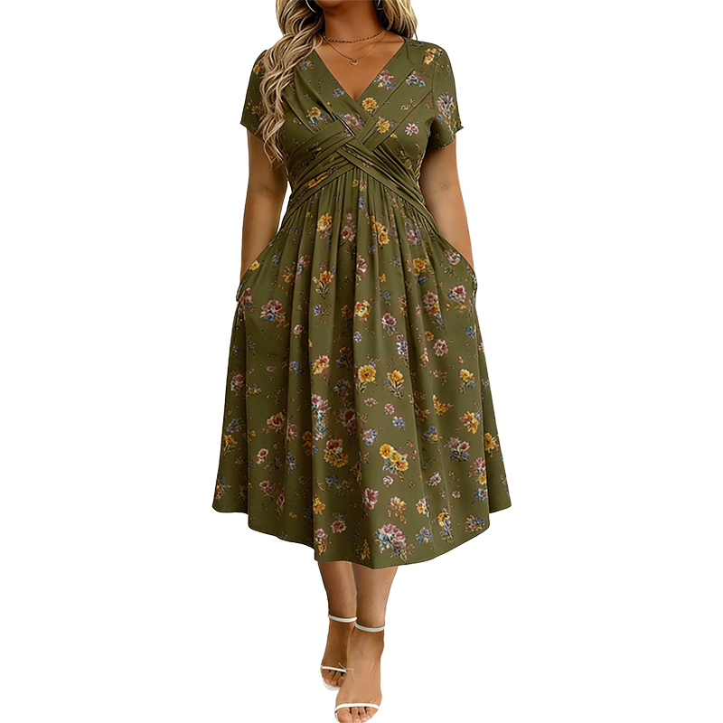 🌸 50 % RABATT NU! ✨ Blommig V-halsklänning med Twist i Midjan – Smickrande Passform & Elegant Komfort 👗