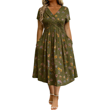 🌸 50 % RABATT NU! ✨ Blommig V-halsklänning med Twist i Midjan – Smickrande Passform & Elegant Komfort 👗