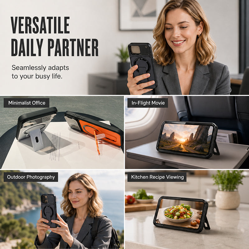 ✨ 50 % RABATT✨ Ett skal, tre funktioner – magnetfäste, fällbart objektivskydd och ett smidigt stativ. Passar iPhone 13–17. Leverans från Storbritannien
