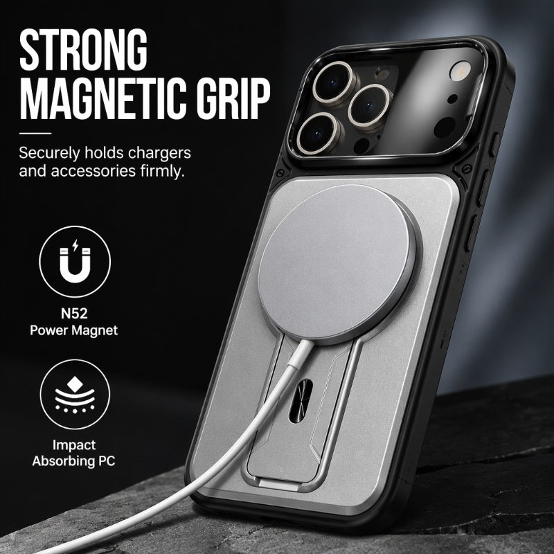 ✨ 50 % RABATT✨ Ett skal, tre funktioner – magnetfäste, fällbart objektivskydd och ett smidigt stativ. Passar iPhone 13–17. Leverans från Storbritannien
