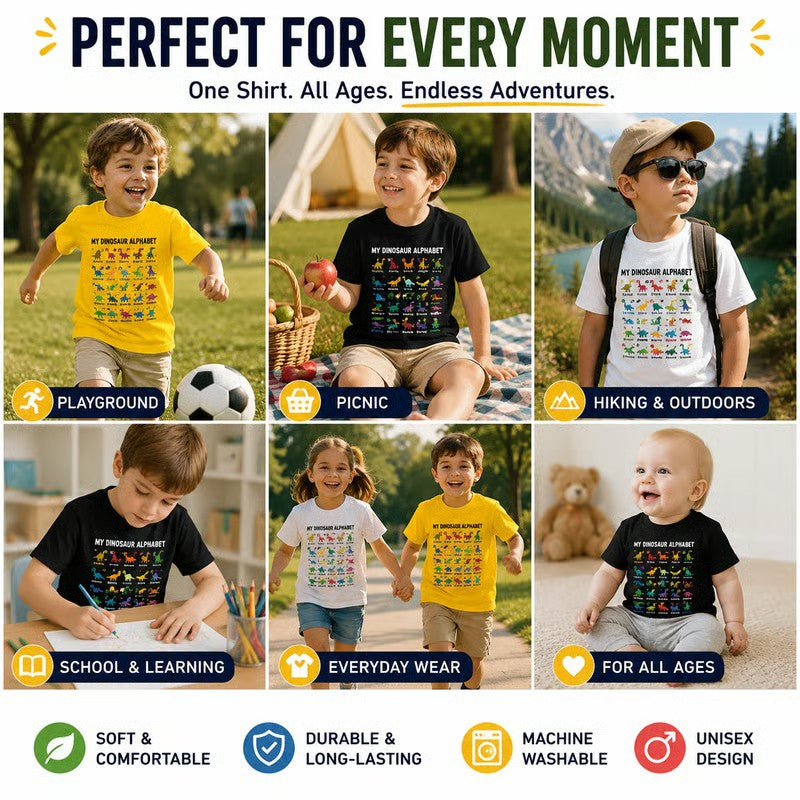 🦖 T-shirt för barn med lärorikt dinosauriealfabet
