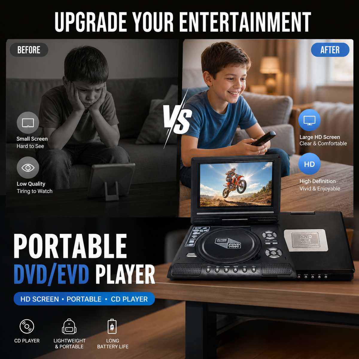 🔥 50 % RABATT NU! 📺 Bärbar DVD/EVD-spelare med 7,8-tums HD-skärm och uppladdningsbart batteri – stöder DVD, CD, USB och SD – perfekt hemma och på resan