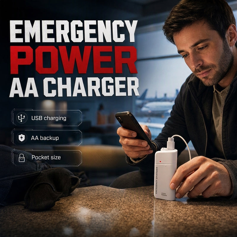 Bärbar nödladdare för mobiltelefoner – powerbank som drivs med AA-batterier och har en LED-ficklampa