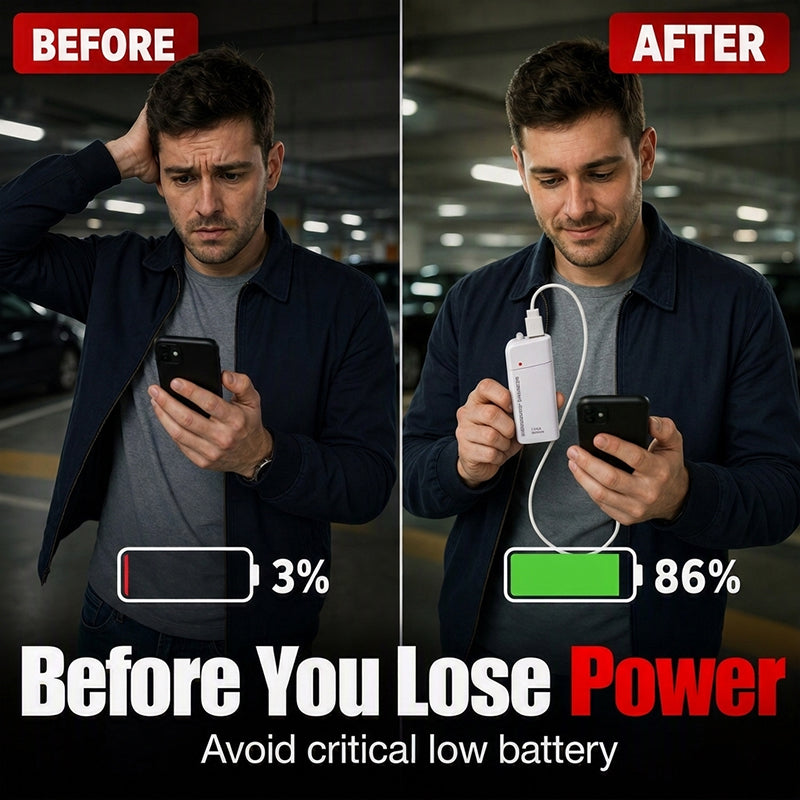 Bärbar nödladdare för mobiltelefoner – powerbank som drivs med AA-batterier och har en LED-ficklampa